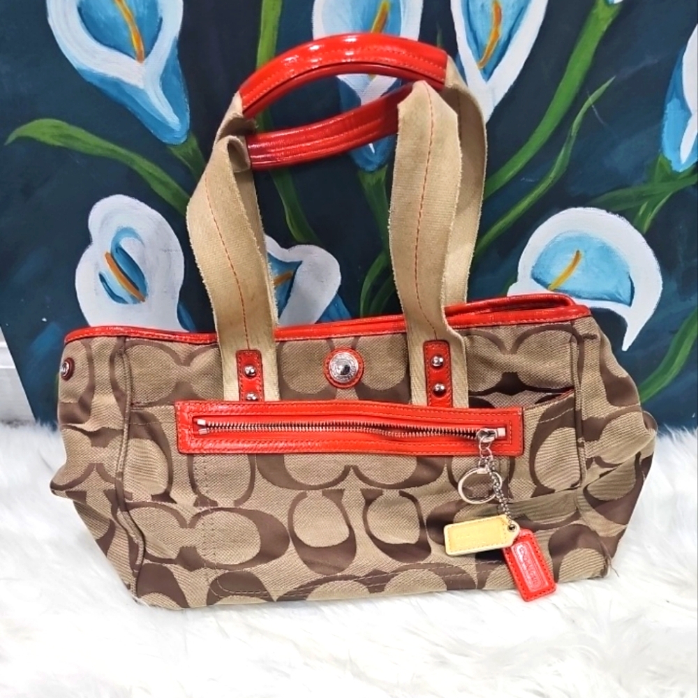 Coach F14878 Daisy Khaki/orange Trim Large Satchel Purse with Logo Badges